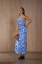 Vestido Motivos Simbólicos Azul Estampado